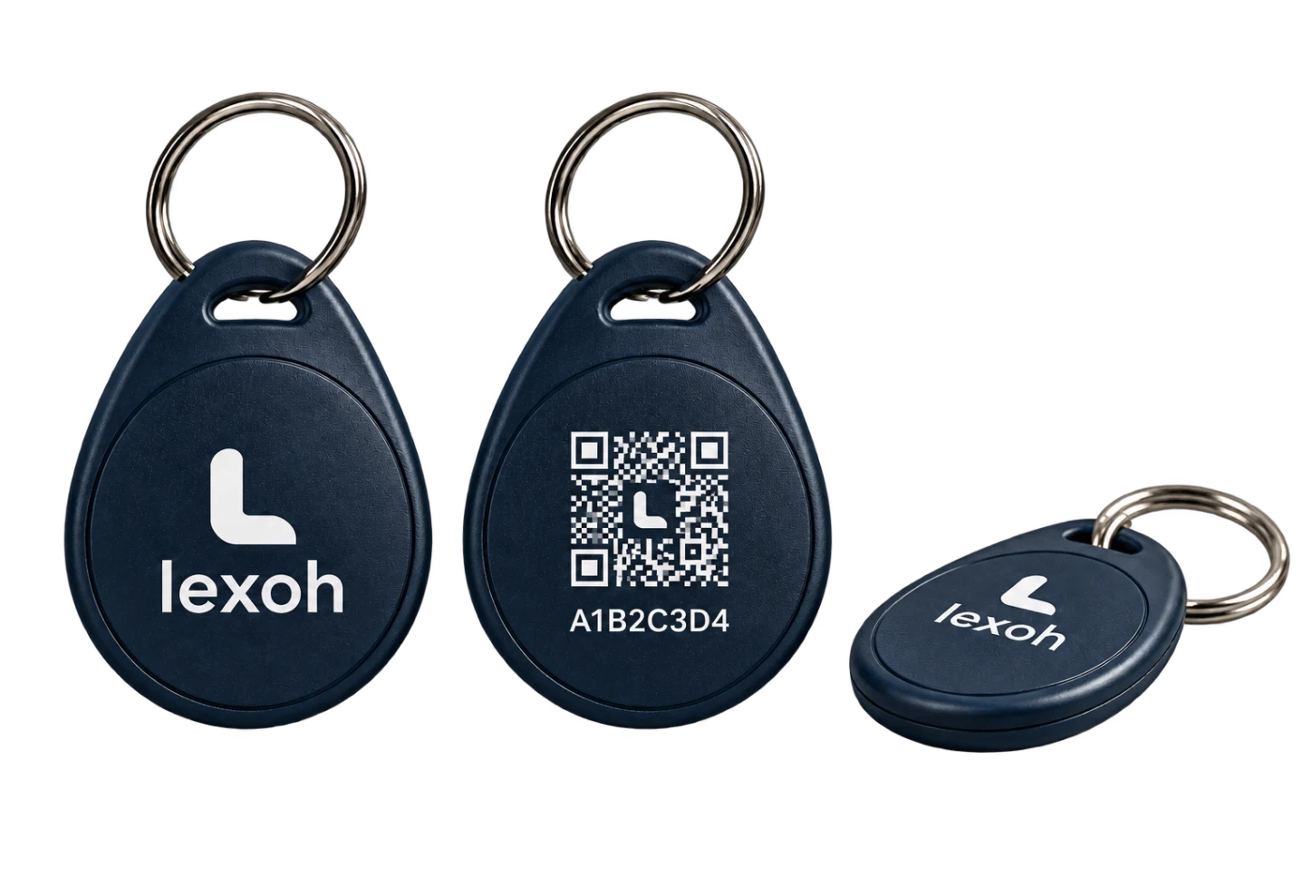Trois porte-clés Lexoh bleu foncé avec anneaux métalliques, logo et marquage QR
