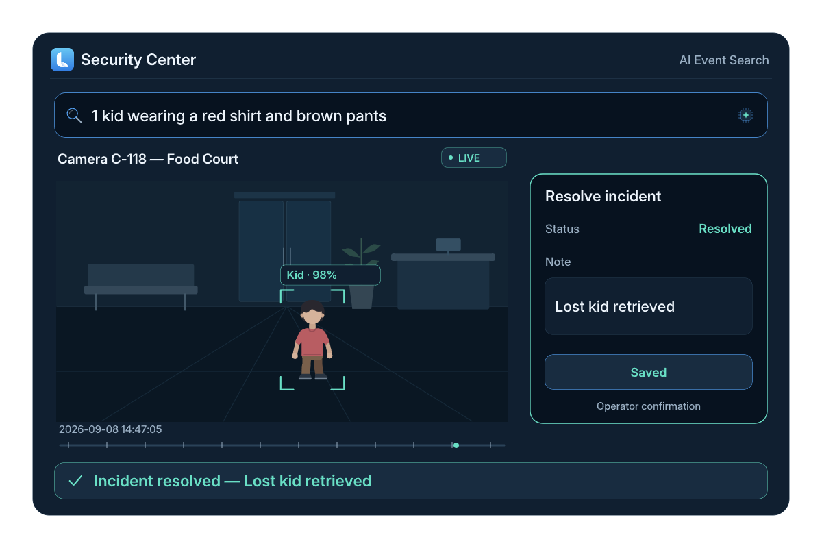 An illustrated operator investigation, from a video search to reviewing the related sequence.