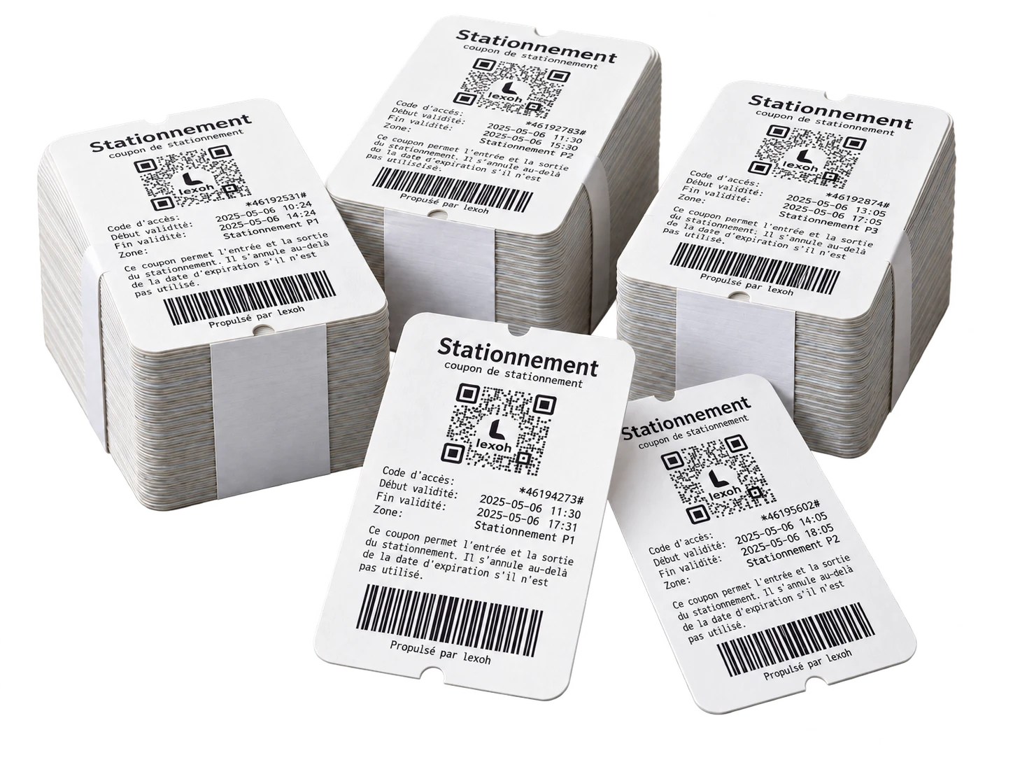 Lexoh parking coupons with QR codes, barcodes, validity periods and parking zones