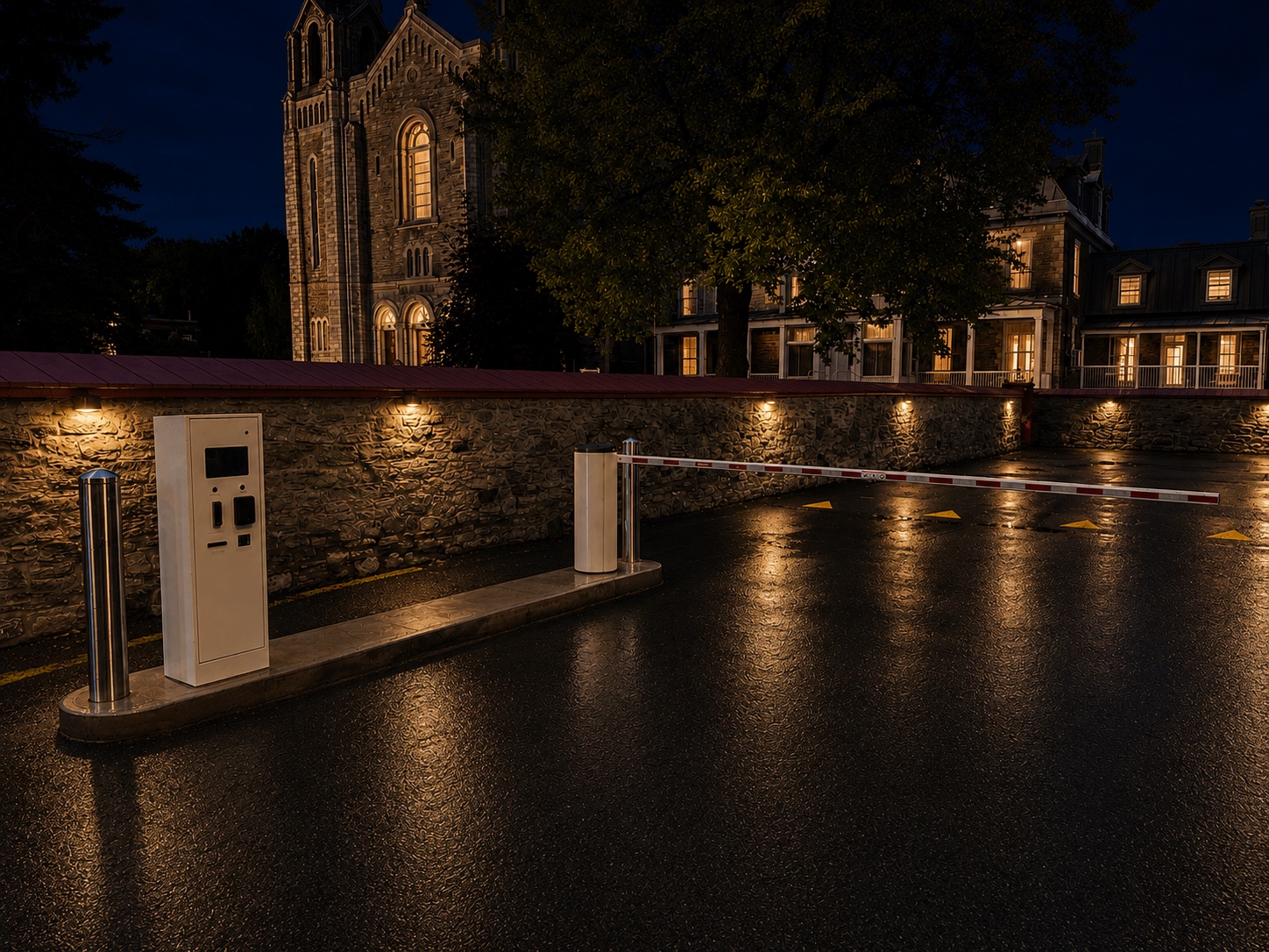Lexoh kiosk and automatic barrier installed at Collège Sainte-Anne at night