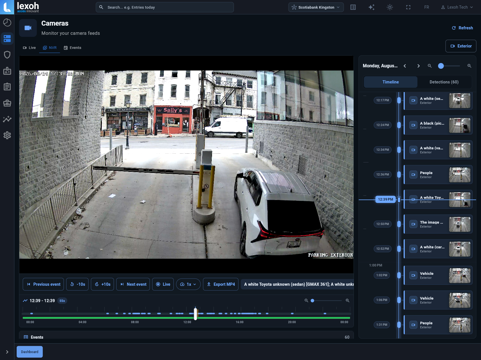 Lexoh video intelligence interface showing a live camera view, detected events and playback timeline